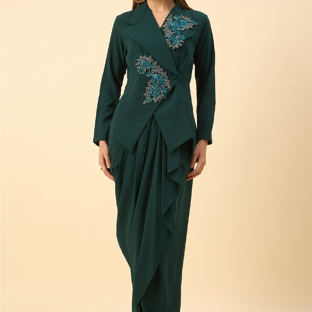 Aakaa Asymmetrical Green Wrap Dress blazer and dhoti skirt set - Wedding Guests